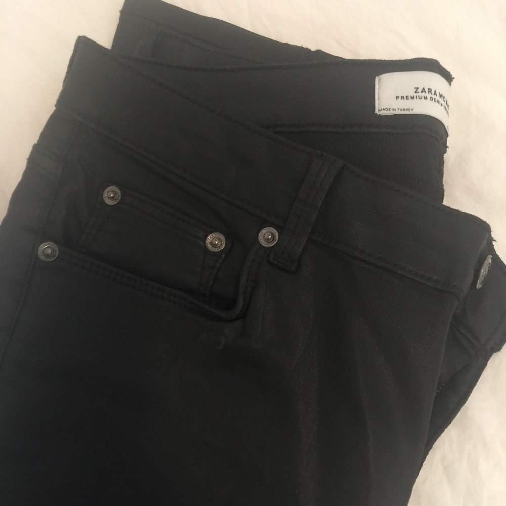 Zara Premium Denim Wet Look Faux Leather Jeans